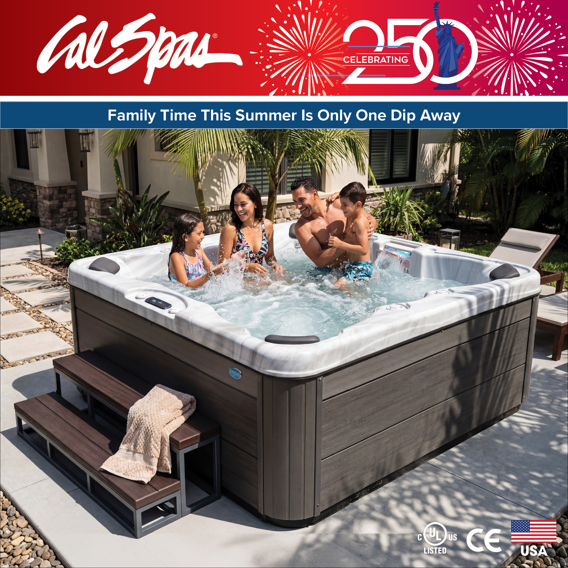 Calspas hot tub being used in a family setting - Valencia